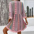 Amazon foreign trade women's loose v-neck printed european and american casual lace trim bohemian style dress