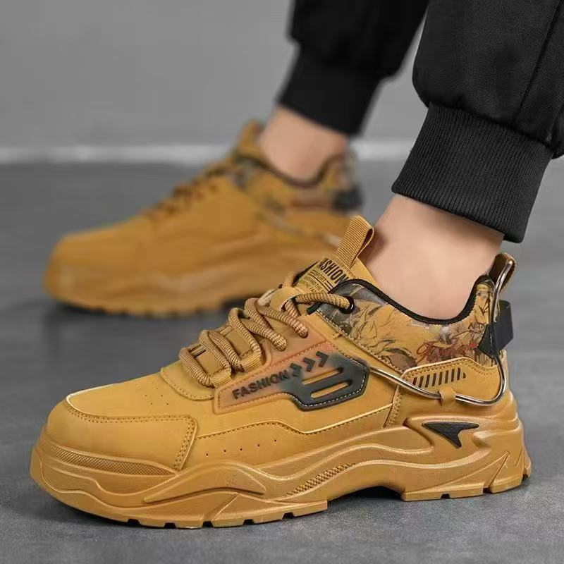 Men's 2025 spring new leather breathable casual sneakers, youth thick-soled height-increasing anti-slip work shoes