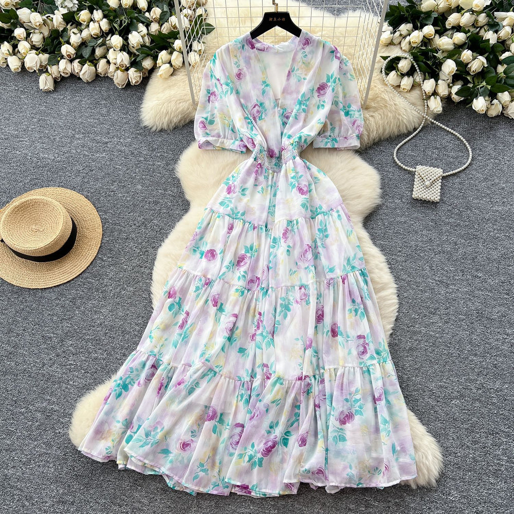Frenchretrov neck puff sleeve floral chiffon dress women's summer dress waist elegant slit ruffles long skirt