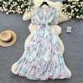 Frenchretrov neck puff sleeve floral chiffon dress women's summer dress waist elegant slit ruffles long skirt