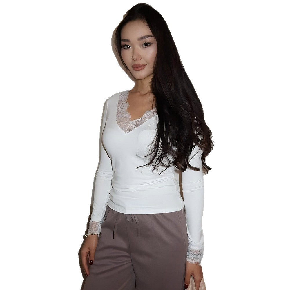autumn new arrival: european & american style lace-trimmed v-neck top - sexy, slim-fit long sleeve base layer tee