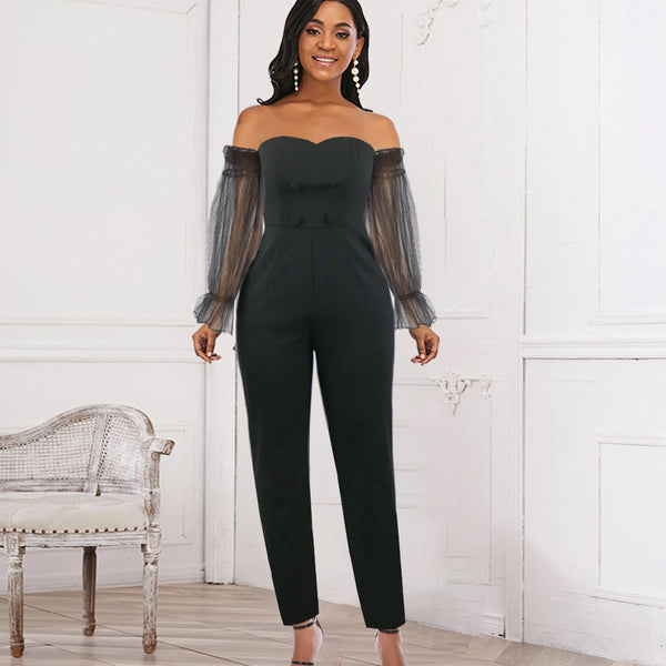 Sexy tube top splicing perspective mesh high waist hip-wrapped onesie plus size women's jumpsuit party dress