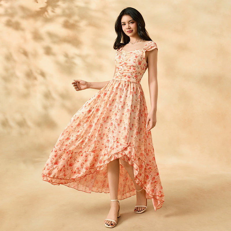 European and american cross-border youth summer new fashion asymmetrical neck irregular dress vacation style floral maxi dress women's clothing