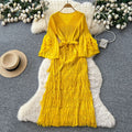 European and american style high-end flared sleeve dress - women's autumn raw edge 3d floral tie-waist midi dress - mature & chic