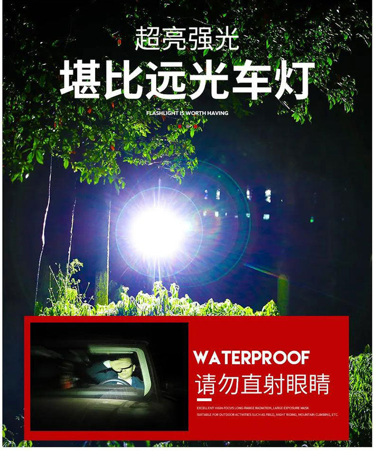 Cross-border plastic flashlight USB charging outdoor zoom remote radiation power display lightweight home LED flashlight