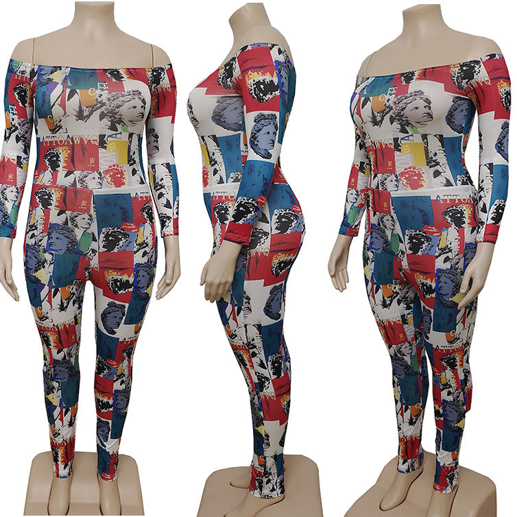 Hot-selling european and american cross-border women's clothing:  street style character print, off-the-shoulder, long-sleeved, stretchy jumpsuit