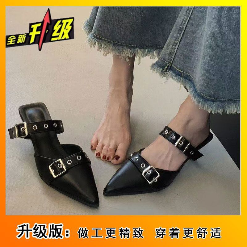 2025 summer pointed-toe stiletto heel fashion silver outdoor wear new closed-toe high-end buckle strap sandals for women