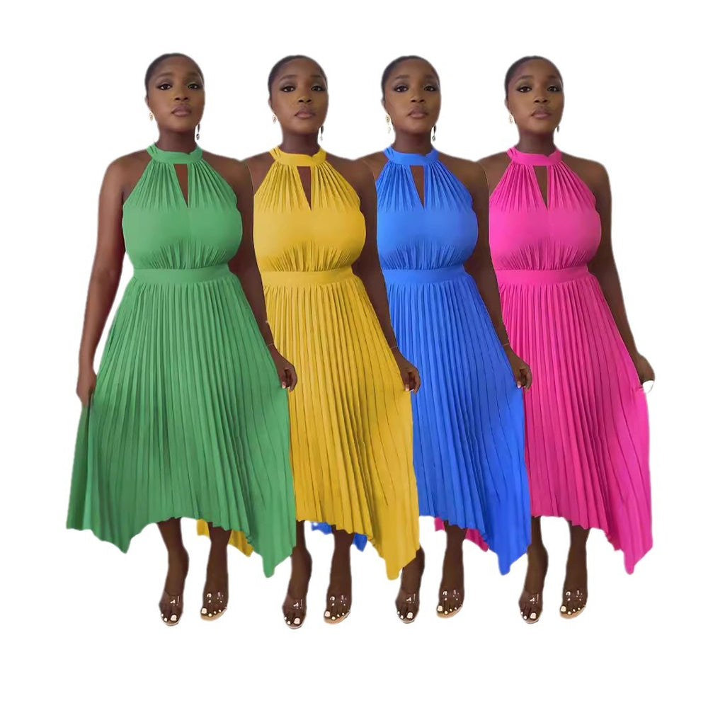 new sleeveless off-the-shoulder pleated asymmetrical halter neck slit pleated dress for cross-border fashion on  (us & europe)