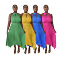 new sleeveless off-the-shoulder pleated asymmetrical halter neck slit pleated dress for cross-border fashion on  (us & europe)