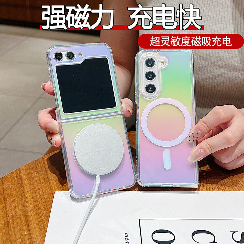 Premium rainbow plated aurora samsung foldable zfold7 magnetic phone case, compatible with zflip7 and zfold5