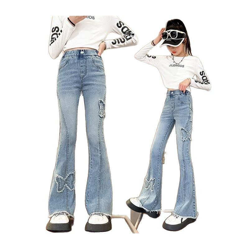 Girls' jeans: new  spring/autumn styles - stylish kids' elastic waist pants for girls, spring flare jeans for mid-to-large children