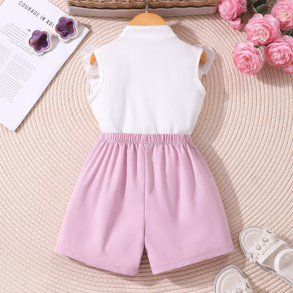 Girls' two-piece set: floral double-layer ruffle ribbed top + floral shorts, embroidered for young children