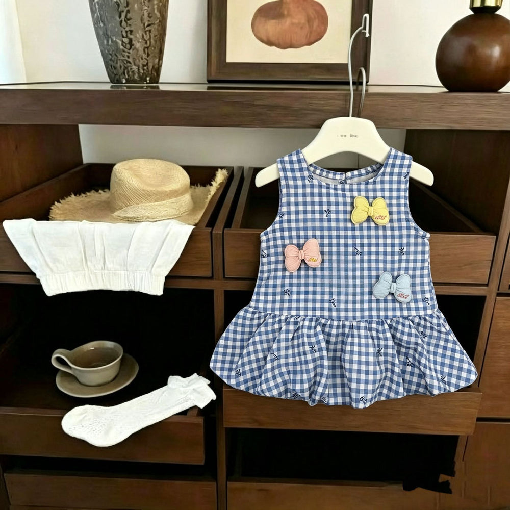 Girls' plaid dress, new  summer collection, baby blue cute vest dress, stylish children's princess dress, super adorable