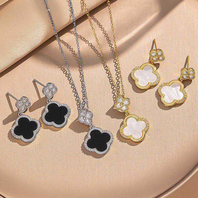 [titanium steel] micro-embedded four-leaf clover necklace and earrings set, high-end, accessible luxury, stylish, elegant earrings, clavicle chain jewelry