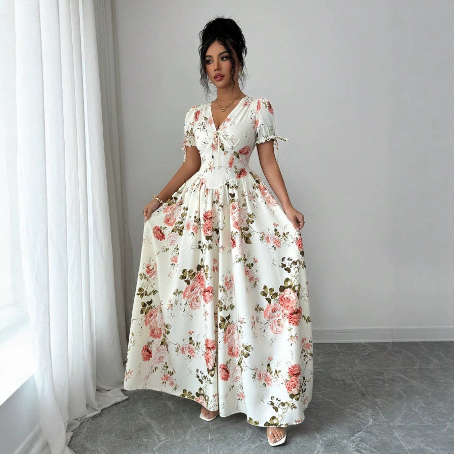 new cross-border floral dress - export quality, slim-fit, figure-flattering, vacation-ready maxi dress with botanical print