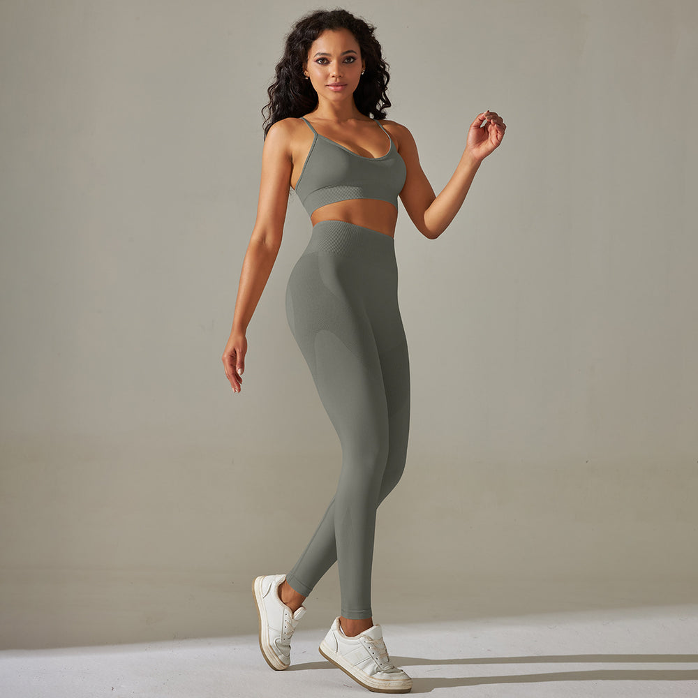 seamless peach beautiful back five-piece set pure color high waist tight jacquard beautiful back bra vest yoga pants suit
