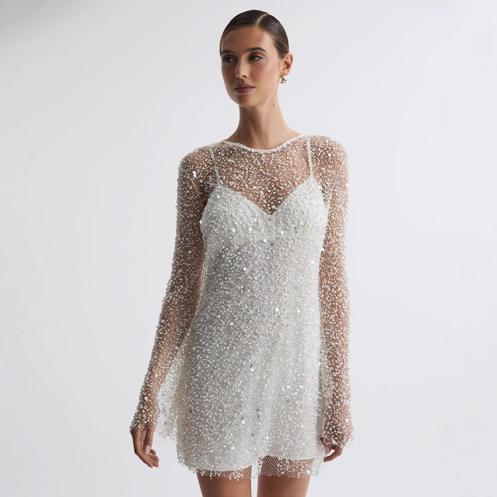 cross-border  independent station cross-border women's clothing large and small bubble beads see-through mesh two-piece set suspender dress
