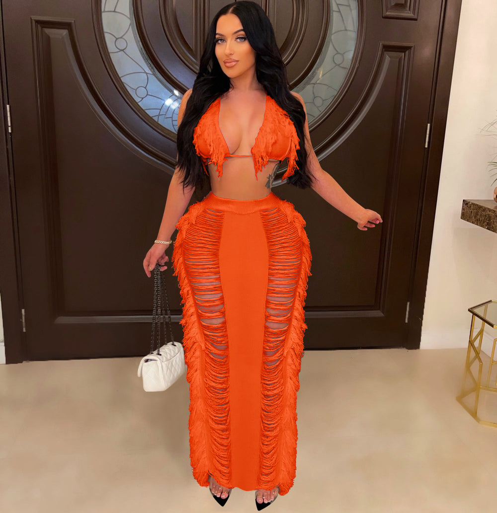 Source factory  summer new european and american style women's sexy tassel knit beach dress set -  hot seller