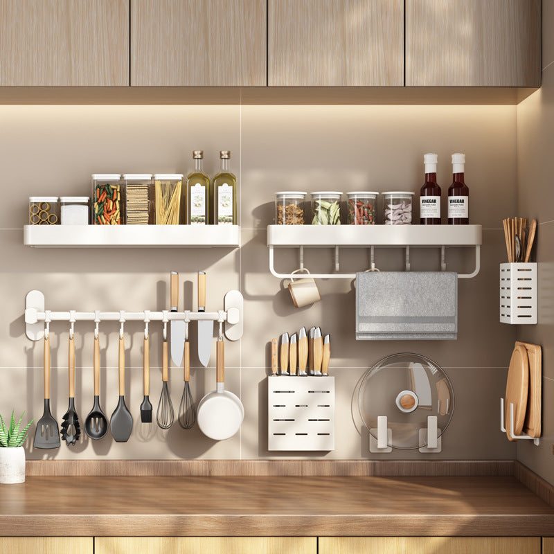 White Kitchen Shelf Wall-mounted No-punching Wall Multifunctional Household Chopsticks Knife Holder Seasoning Storage Hanger