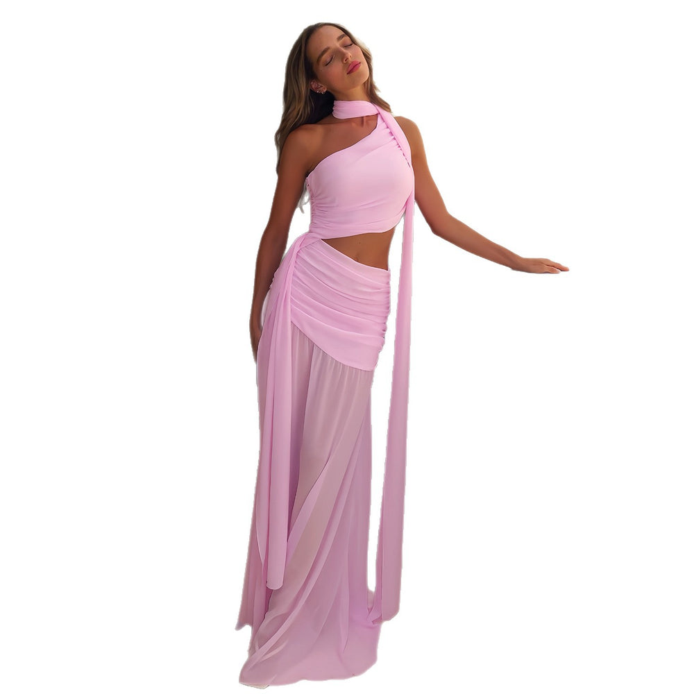 European and american export  summer new women's elegant sleeveless asymmetrical neckline sexy slim-fit irregular ribbon dress