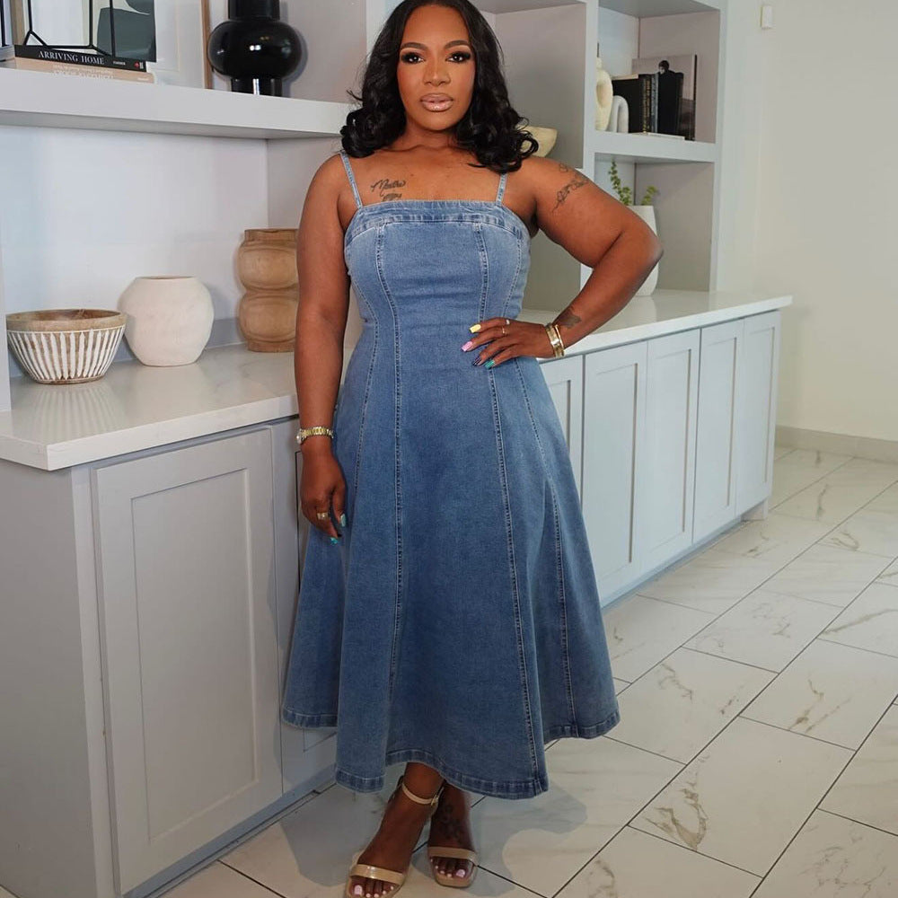 European and american style women's denim dress - new fashionable and sexy backless suspender maxi dress -  cross-border sourcing