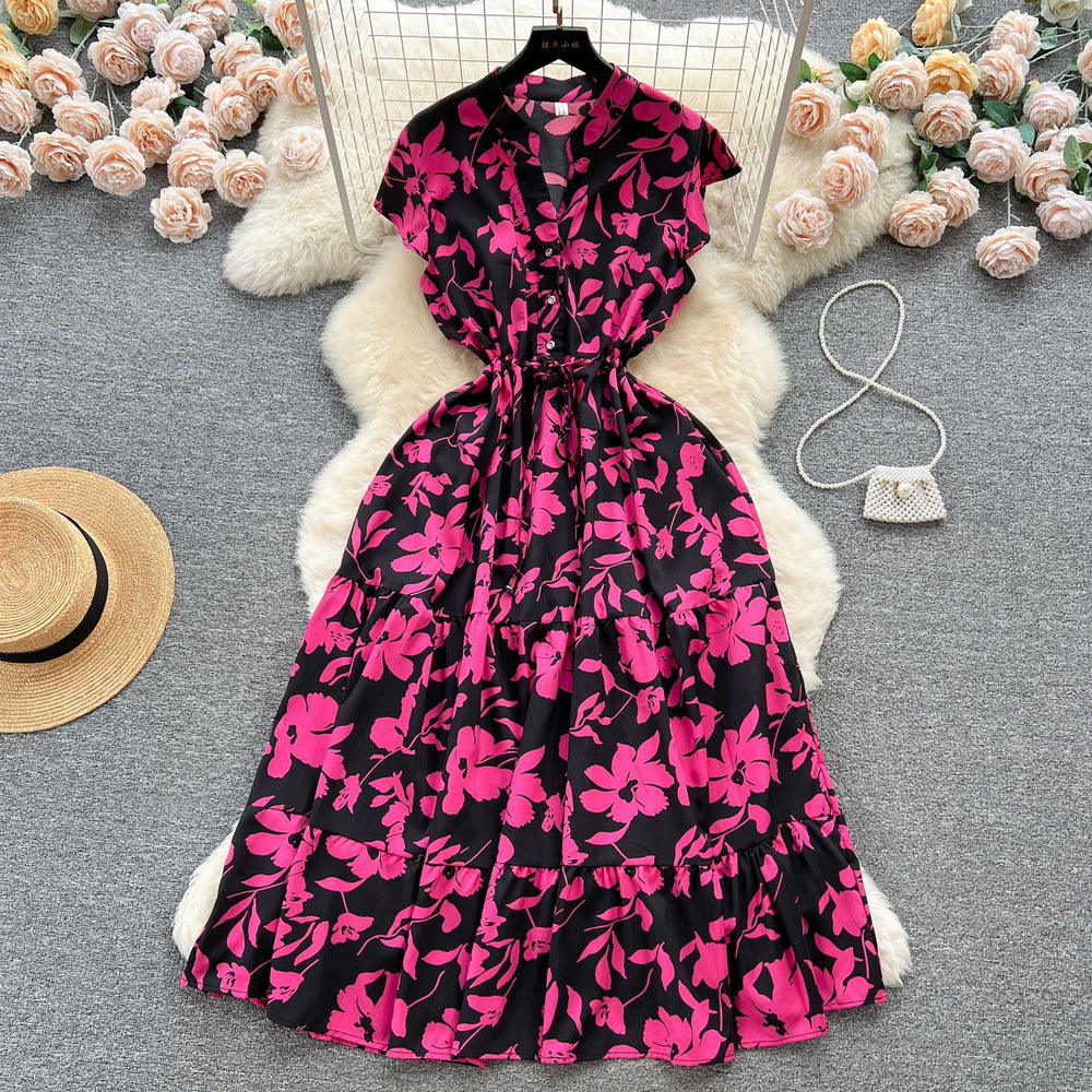 French sweet and gentle style v-neck floral chiffon dress - women's summer cinched waist, slimming, vacation-ready, fairy dress