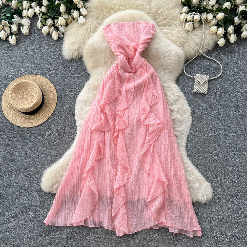 French riviera style halter sleeveless dress - women's summer korean high-waisted ruffle trim slimming elegant maxi dress - pink