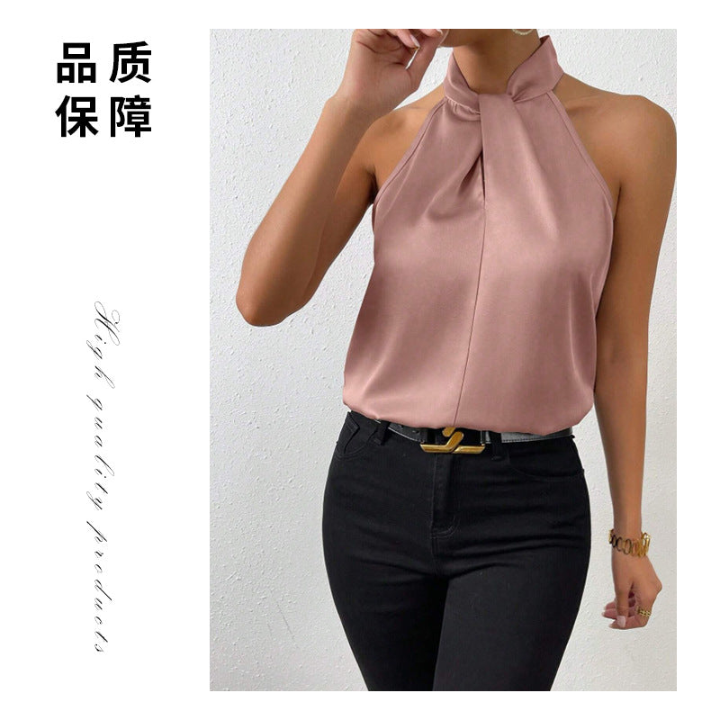 summer new arrivals: european and american style satin halter neck sleeveless tank top, faux silk satin top - ready stock wholesale