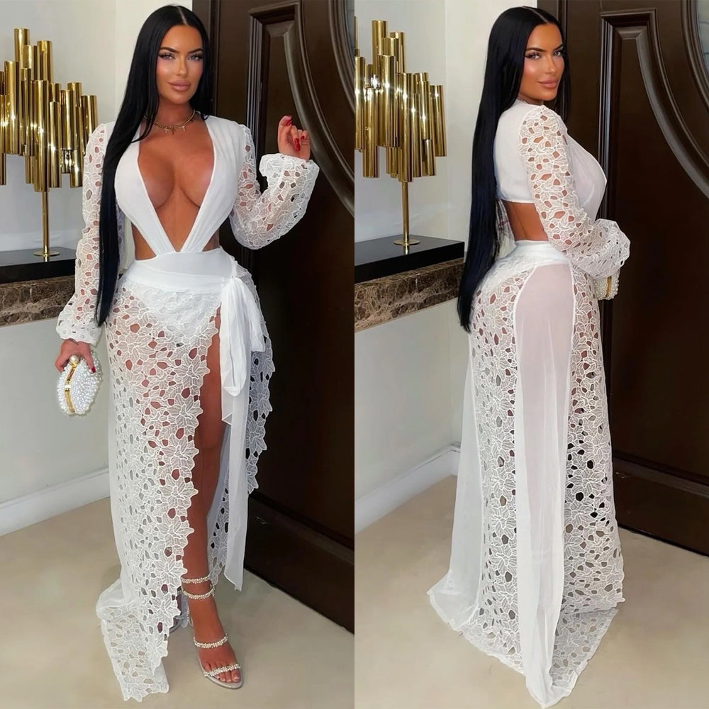 C7707 cross-border   fashion women's sexy mesh lace deep v slit dress