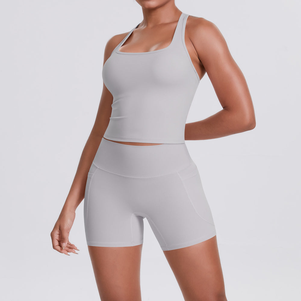 brushed pure color tight racerbackflap pocket pants shorts sports suit running fitness yoga wear two-piece set