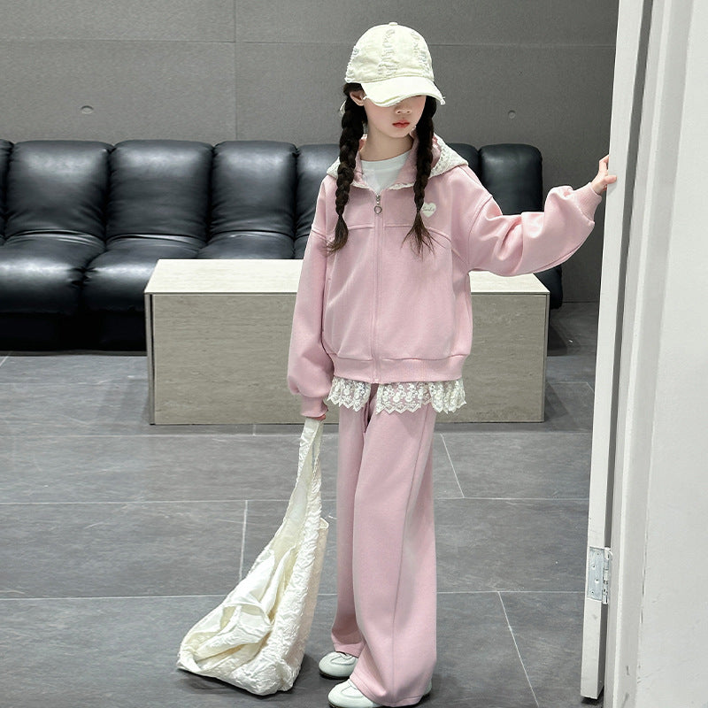 Girls' spring/autumn tracksuit set - stylish hooded wide-leg pants for older girls,  new korean style two-piece outfit