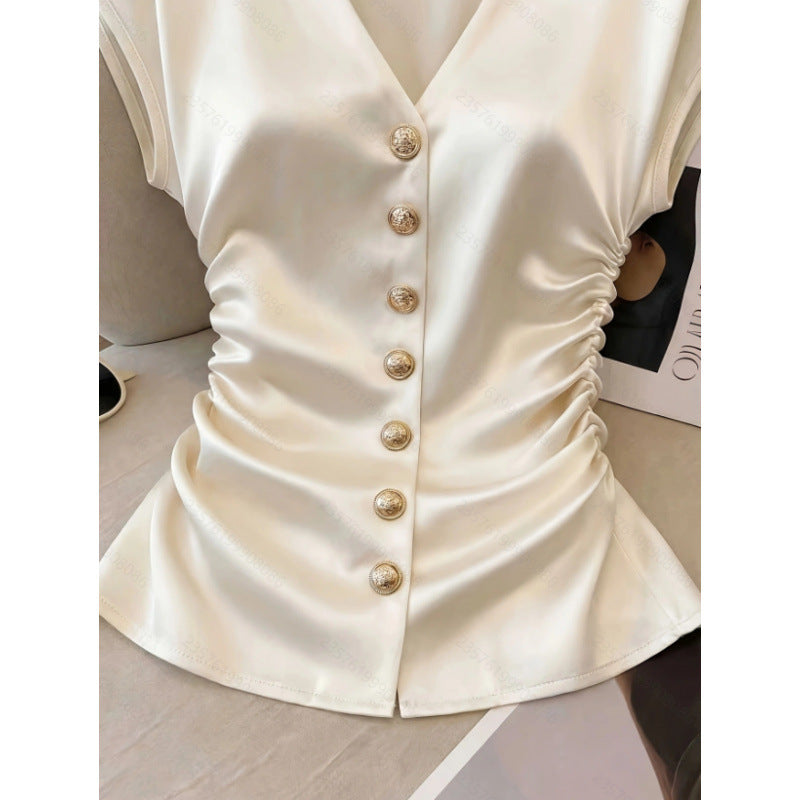 Women's new summer french chic solid color satin v-neck shirred waist blouse - perfect for office commuting