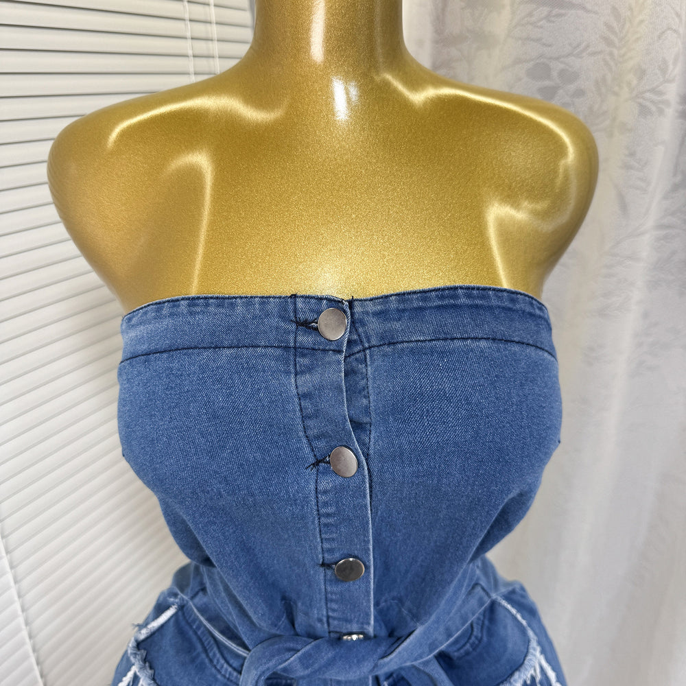 Summer american sexy bandeau single-breasted denim dress - raw hem, double pockets, tie-waist, bodycon mini dress