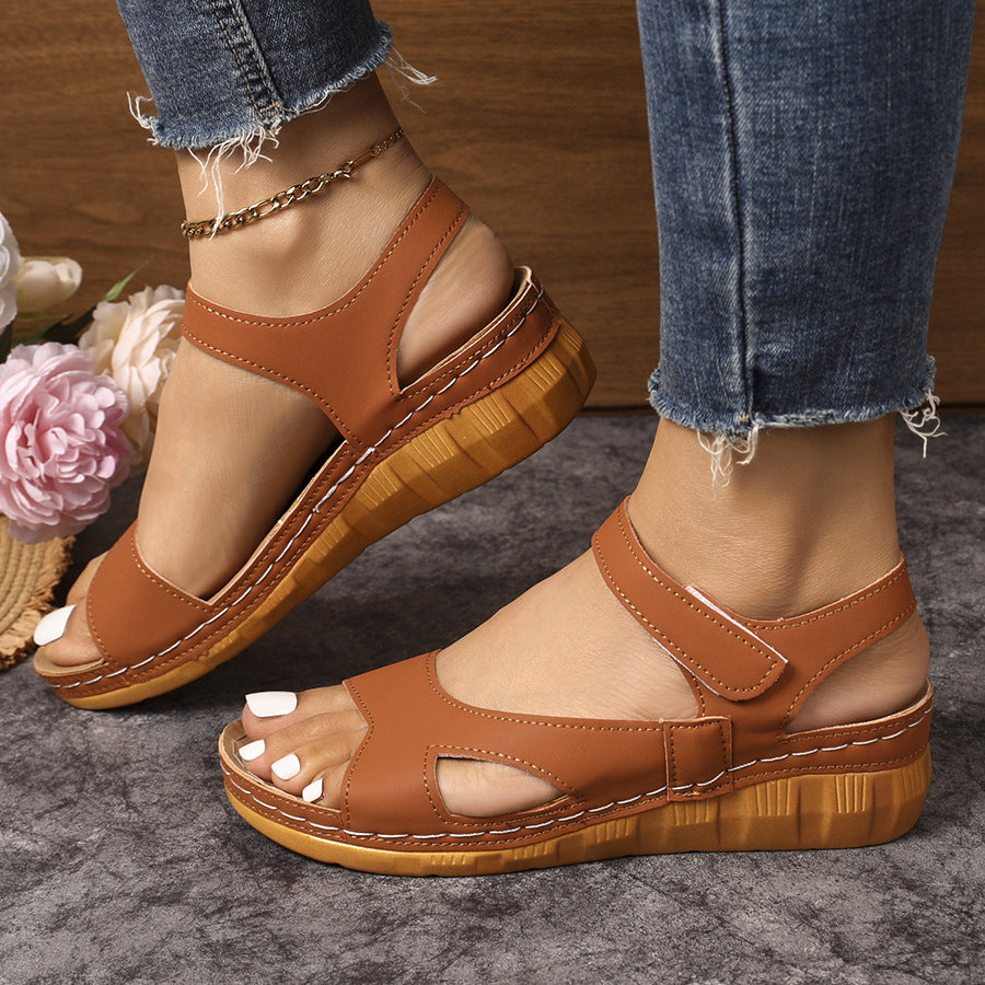 foreign trade new arrival wedge thick-soled sandals for women cross-border large size one-piece strap fish mouth velcro beach sandals