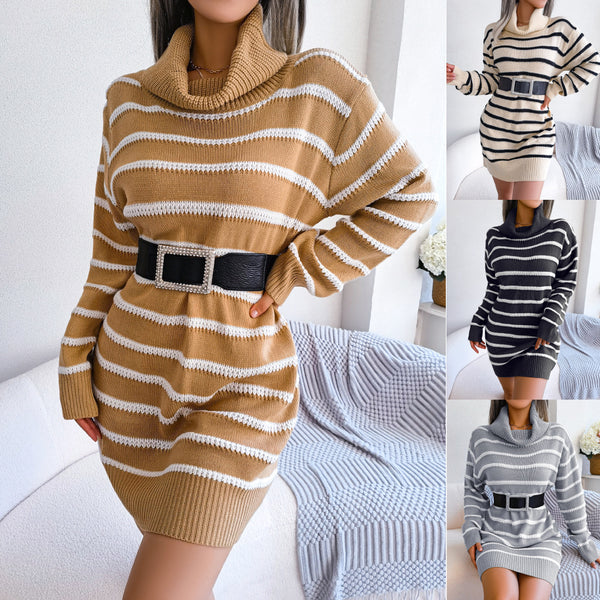 Real shot 2022 autumn and winter European and American casual turtleneck striped long-sleeved primer sweater skirt, independent station  women's clothing