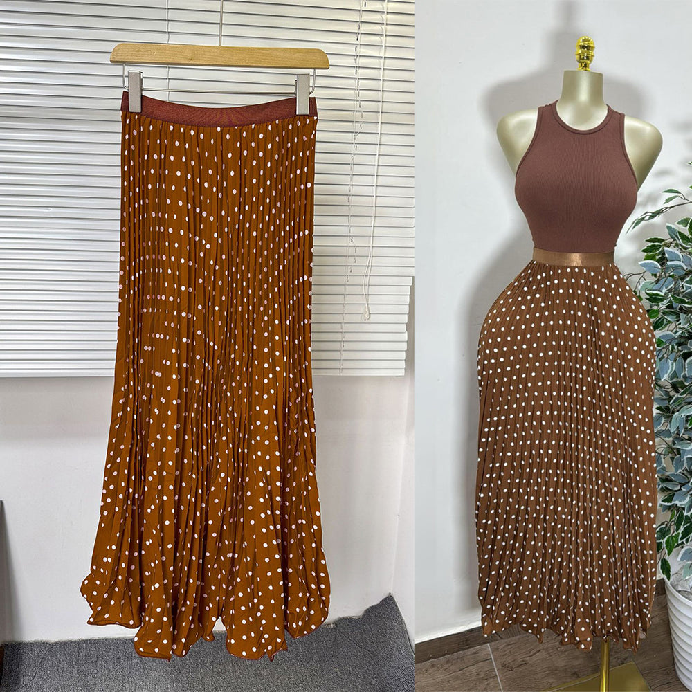Classic fashion pleated polka dot midi skirt - french sweet style, versatile high-waisted a-line skirt