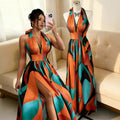 fashion cross-border women's halter v contrast colorprintingdress women's waist slit large swing elegant long skirt