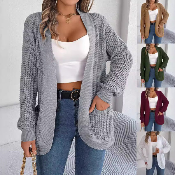 Real shot 2025 autumn and winter casual pocket long-sleeved knitted sweater cardigan jacket,  popular  women's clothing