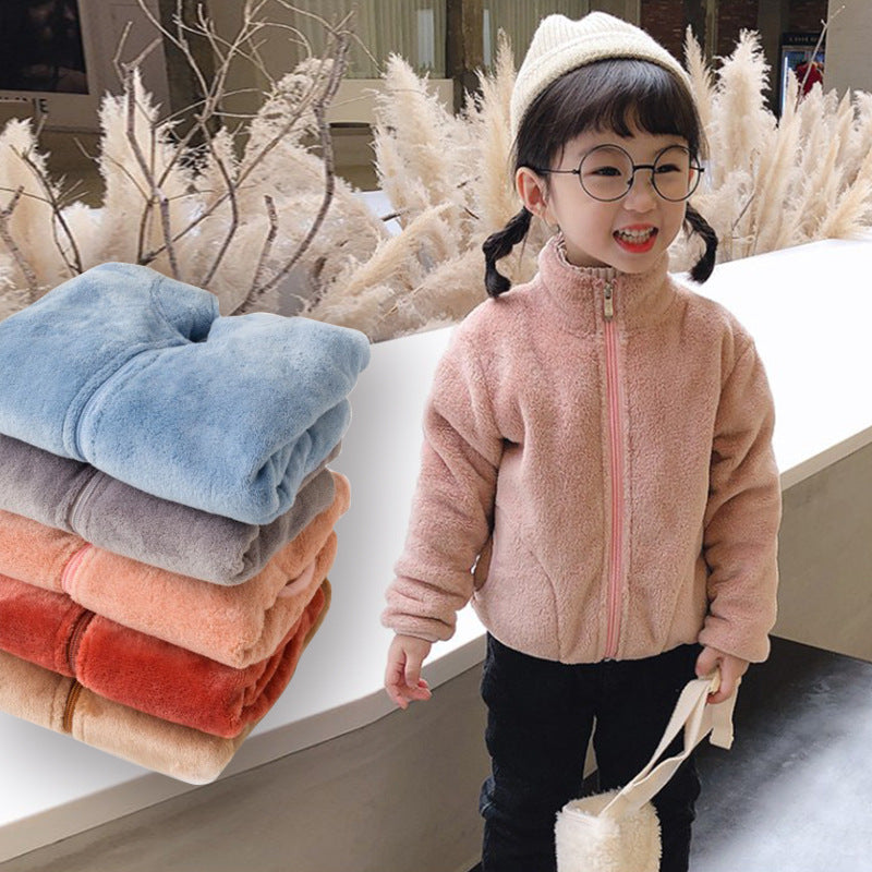 fall/winter new solid color zip-up long sleeve stand collar outdoor korean style girls' fleece-lined jacket - direct from the manufacturer