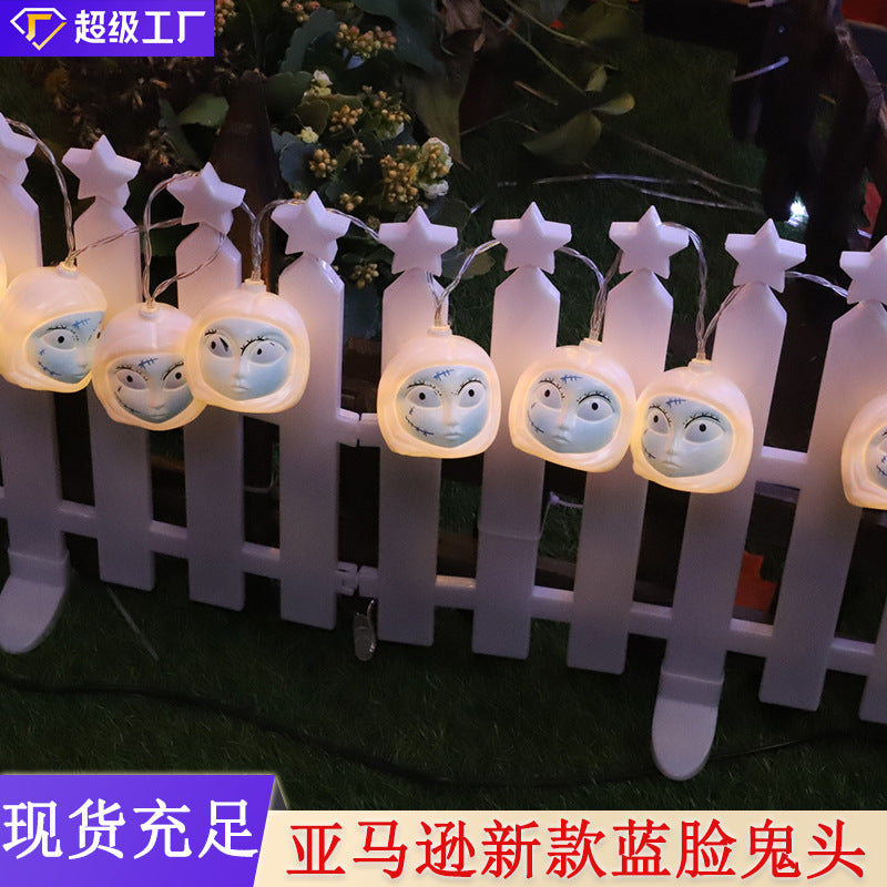Cross-border new LED Halloween decorative light string USB battery box ghost festival horror atmosphere arrangement blue face ghost headlights