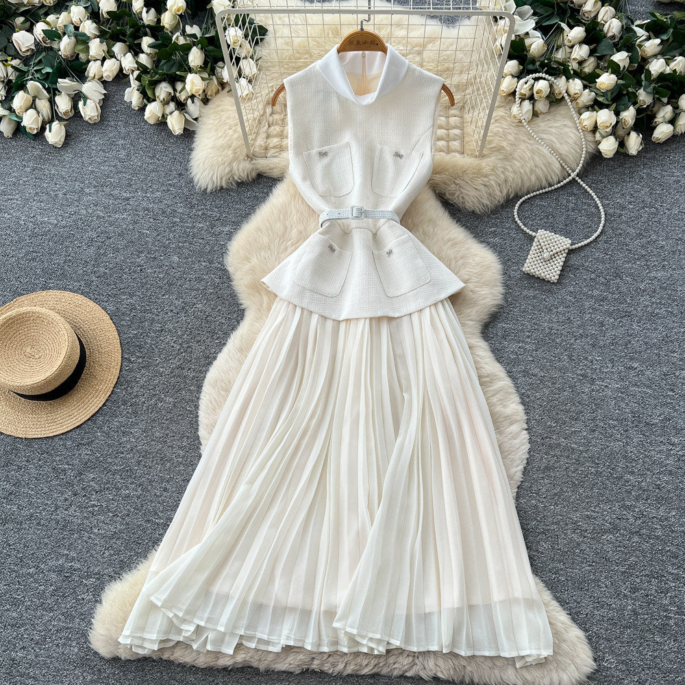 French chic sleeveless notch collar dress - women's summer korean style high waist pleated patchwork maxi dress - elegant and graceful