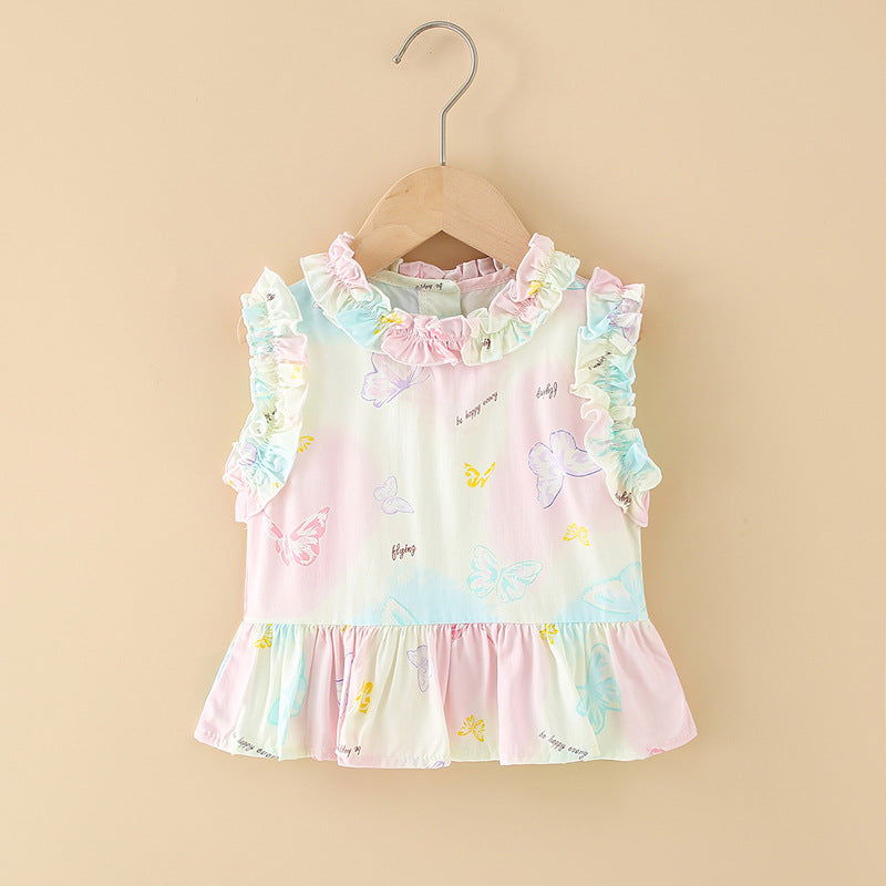 Girls' cotton rayon top - cartoon print, loose-fit, breathable, cute summer lightweight pajama set with lace trim