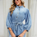 Fashion cross-border foreign trade  new stand-up collar lantern three-quarter sleeves with built-in belt waist style single-breasted top