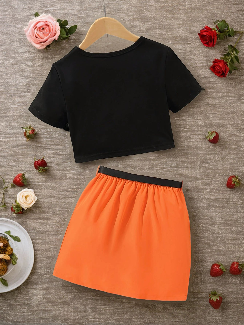 european and american style cross-border children's clothing: printed top + cargo skirt set with belt for older girls