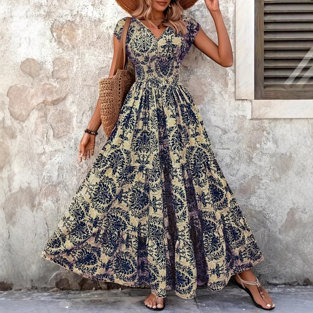 cross-border e-commerce hot-selling new print v-neck fitted waist maxi dress - european and american style for