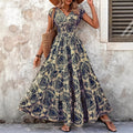 cross-border e-commerce hot-selling new print v-neck fitted waist maxi dress - european and american style for
