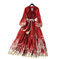 European and american retro court style design printed long dress with heavy pleating, puff sleeves, and pleated skirt - spring collection for women