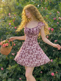 Women's new summer french romantic elegant floral print cinched waist a-line mini dress - perfect for dates