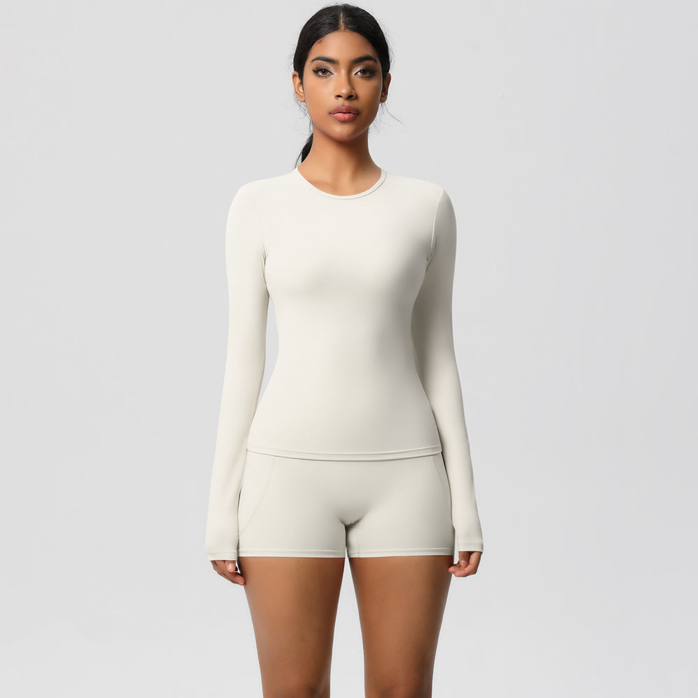 European and american solid color slim-fit long sleeve t-shirt yoga outfit set - high-waisted, barely-there feel, quick-dry activewear two-piece set for running and fitness