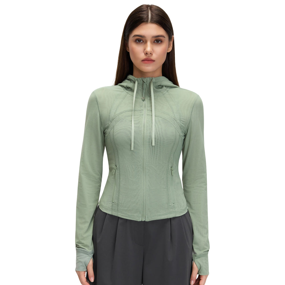 Breathable mesh hooded yoga jacket - women's slim fit, barely-there feel, zip-up running & workout jacket d26056